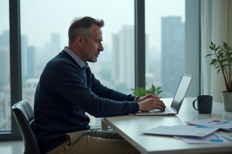 Homme d'âge moyen studieux devant son ordinateur en matinée