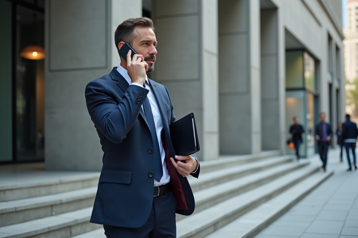 Homme en costume parlant au téléphone devant une banque