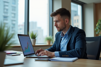 Jeune homme en bureau étudiant un graphique ICO