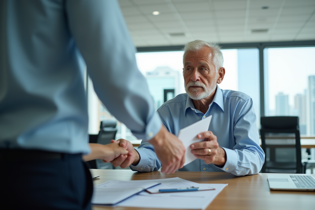 Homme âgé remettant un dossier de retraite à un conseiller
