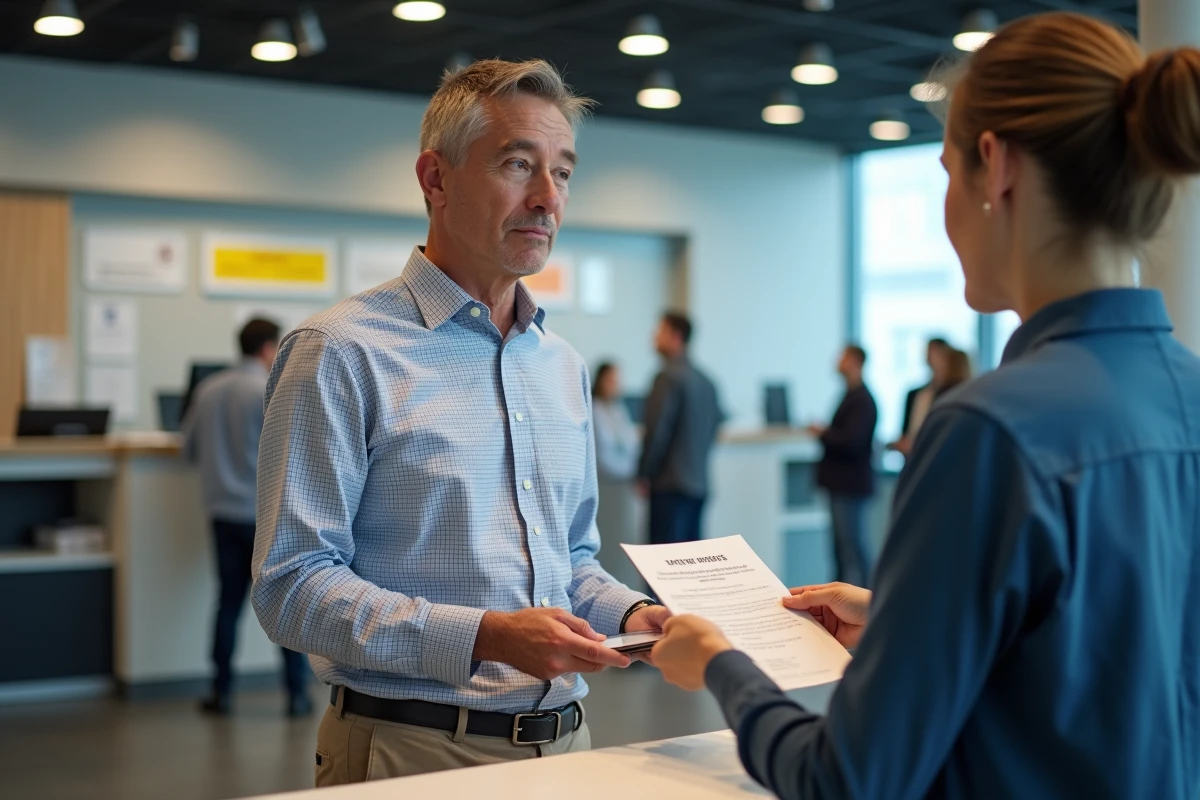 Homme présentant sa facture mobile au service client en bureau