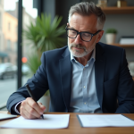 Homme d'âge moyen signant un formulaire d'annulation dans un bureau élégant