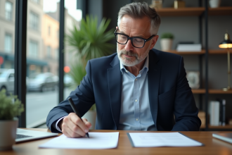 Homme d'âge moyen signant un formulaire d'annulation dans un bureau élégant