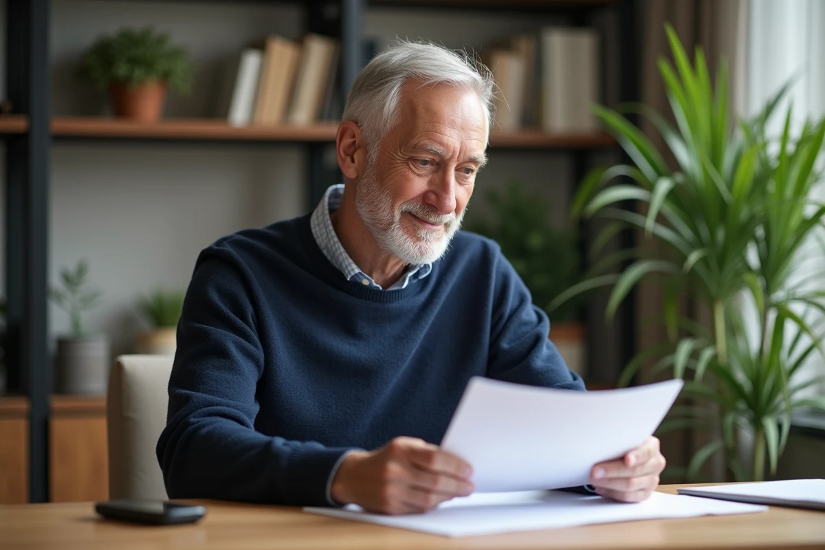 Homme d'&acirc;ge moyen lisant des documents dans un salon lumineux