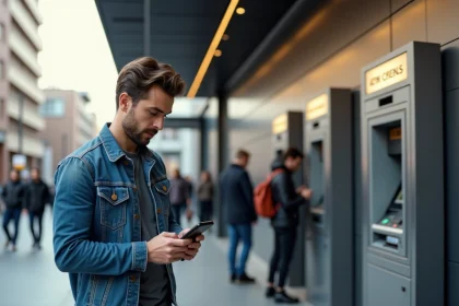 Homme en ville utilisant son smartphone devant un distributeur