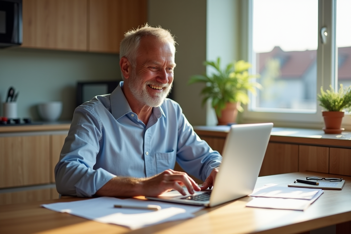 Homme d'âge moyen travaillant à domicile souriant