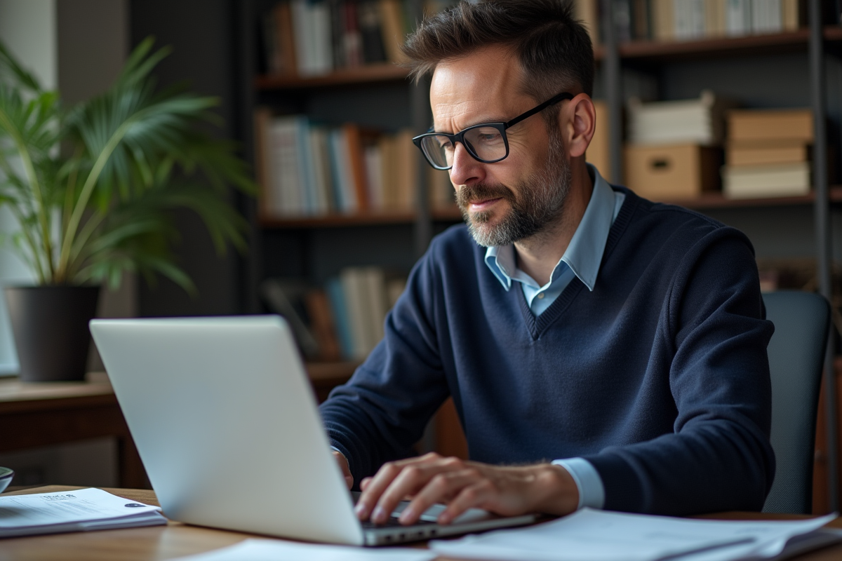 Homme travaillant sur ordinateur avec documents de pole emploi