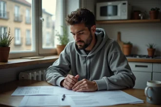 Homme français seul à table avec documents urbains