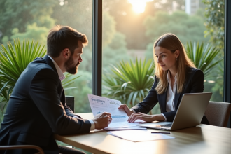 Homme et femme élégants discutant de finances près d'une grande fenêtre