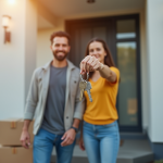 Jeune couple heureux avec clés devant leur maison moderne