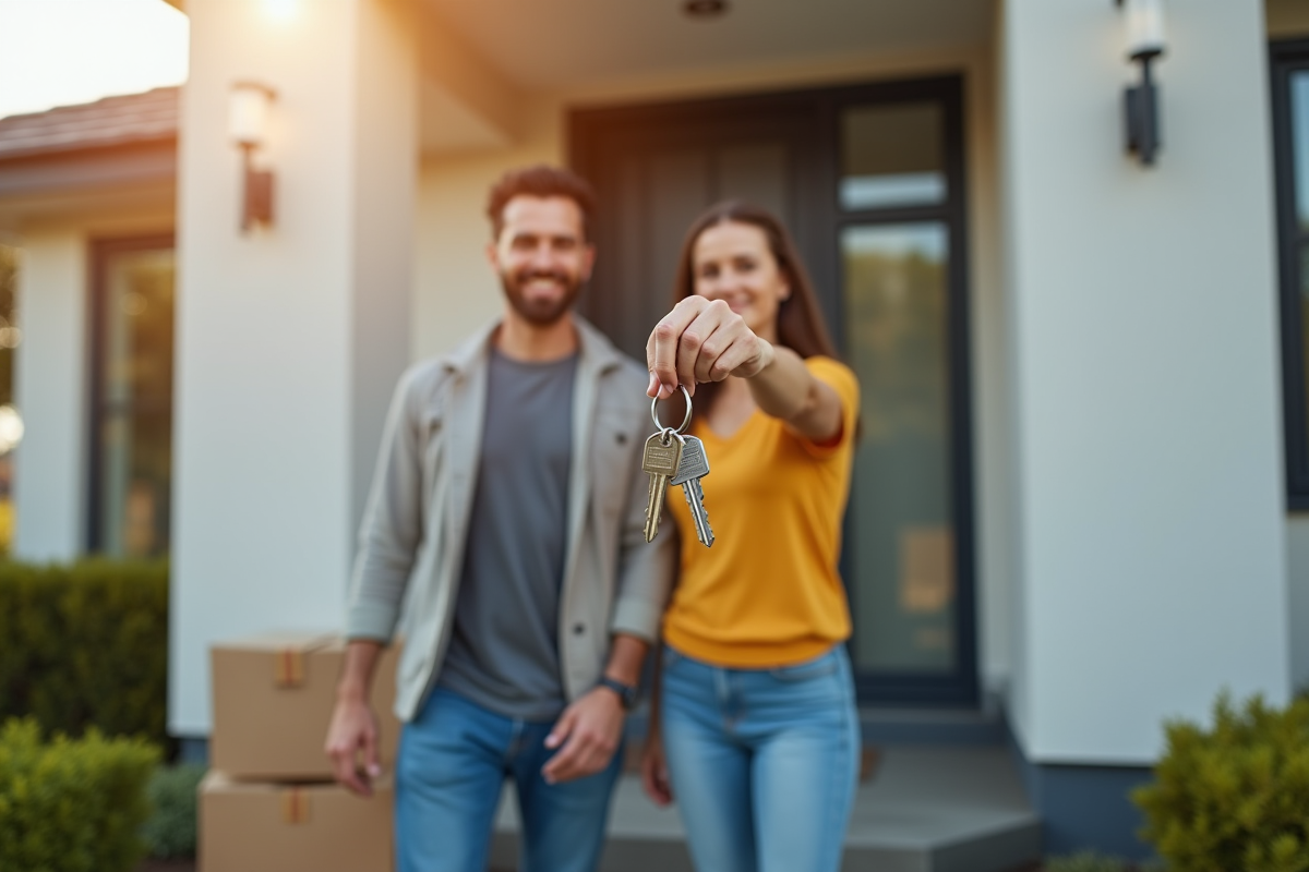 Jeune couple heureux avec clés devant leur maison moderne