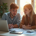 Jeune couple planifiant finances dans une cuisine lumineuse