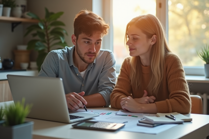 Jeune couple planifiant finances dans une cuisine lumineuse