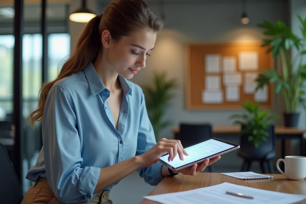 Jeune femme étudie un contrat numérique sur sa tablette