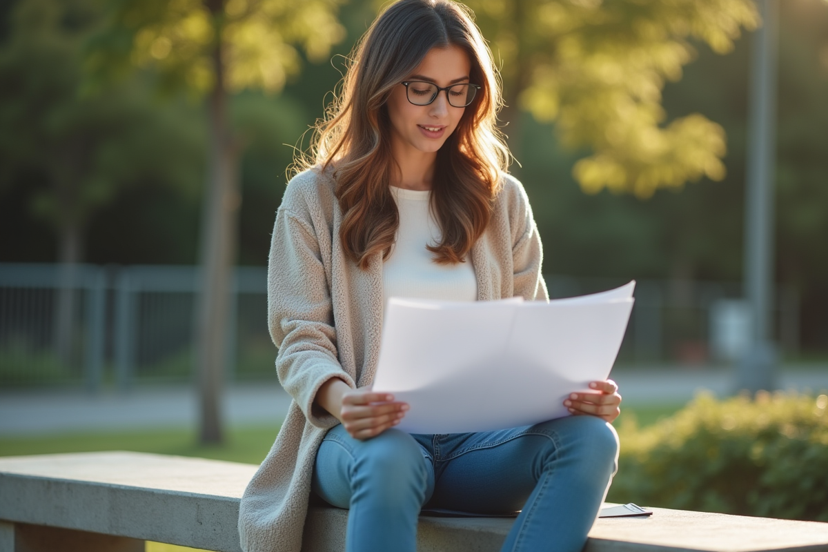 Jeune femme souriante regardant un graphique S&P 500 en plein air