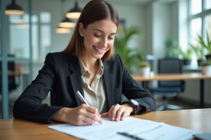 Jeune femme souriante en blazer complète un formulaire de prêt immobilier