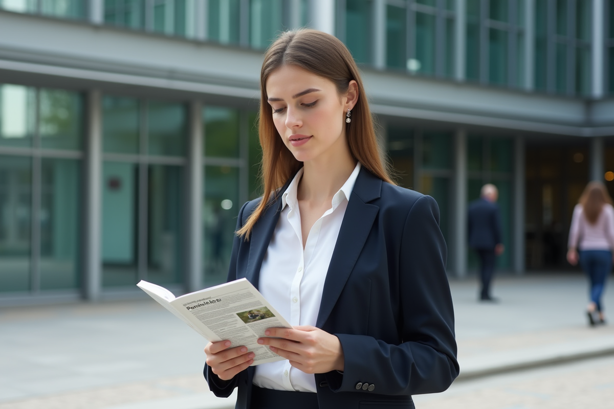 Jeune femme fonctionnaire avec brochure pension devant bâtiment public
