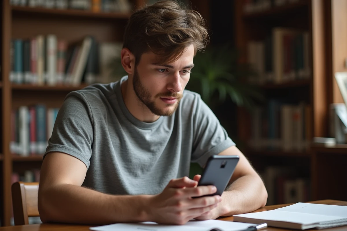 Jeune homme étudiant dans une bibliothèque avec smartphone