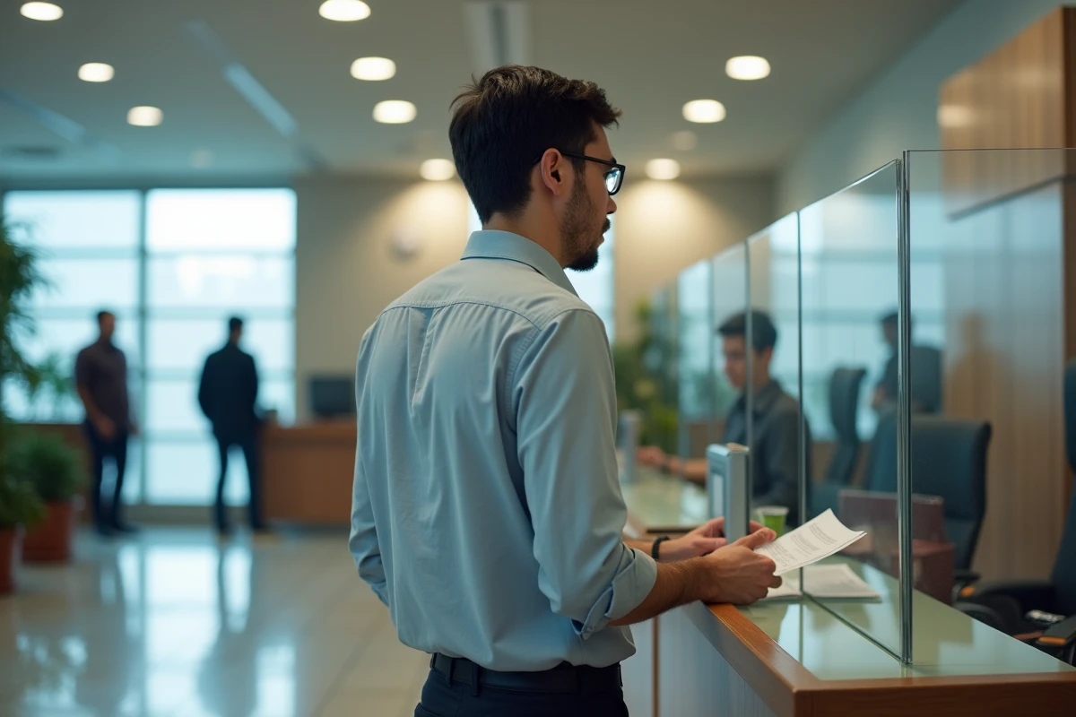 Jeune homme présentant des documents à un guichet administratif