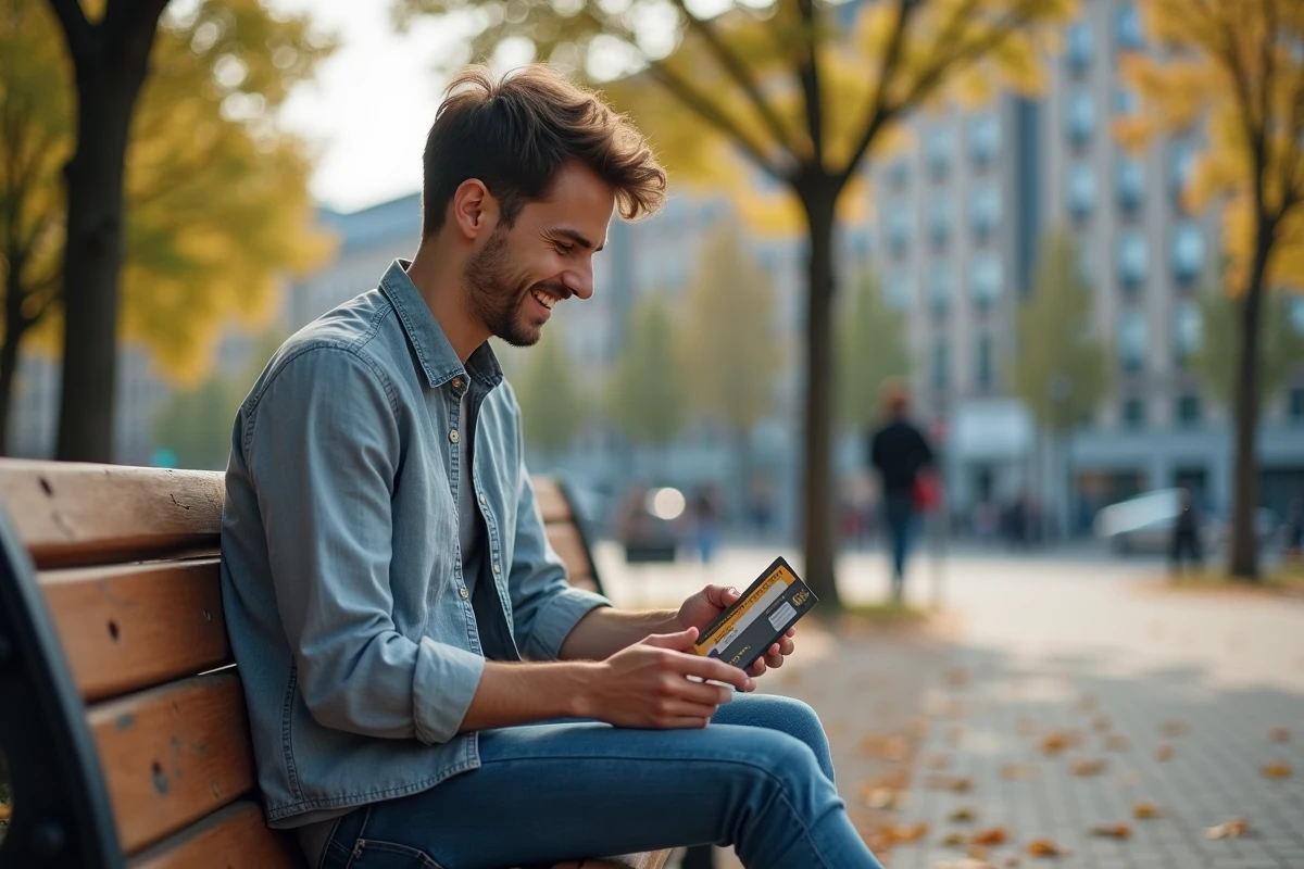 Jeune homme dans un parc ouvrant une enveloppe avec une carte Kadéos
