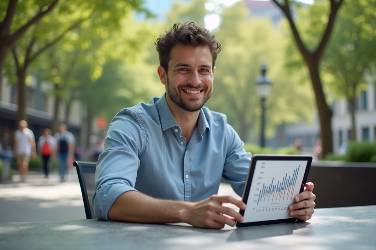 Jeune homme souriant avec une tablette en plein air