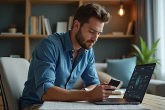 Jeune homme étudiant un portefeuille crypto à la maison