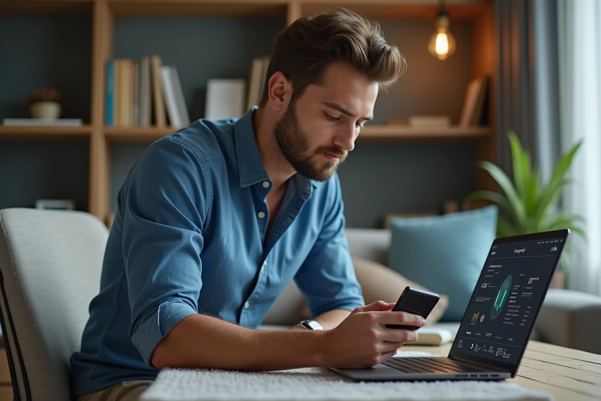 Jeune homme étudiant un portefeuille crypto à la maison