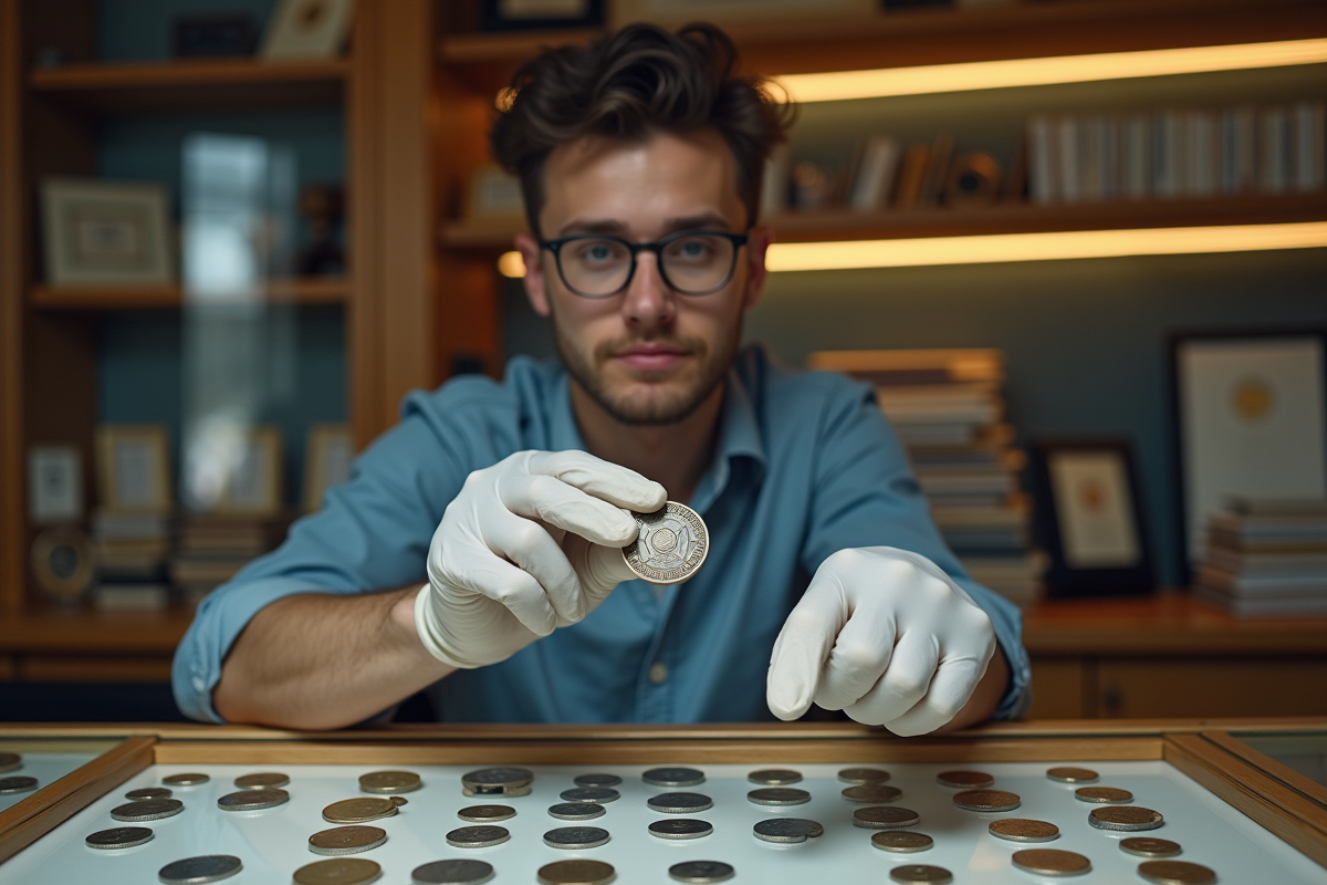Jeune homme collectionneur tenant une pièce dans une boutique de monnaies