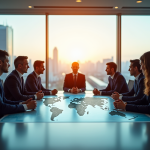Leaders mondiaux en réunion stratégique dans une salle moderne