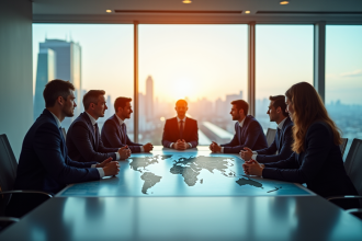 Leaders mondiaux en réunion stratégique dans une salle moderne
