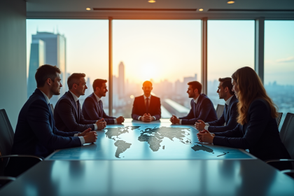 Leaders mondiaux en réunion stratégique dans une salle moderne