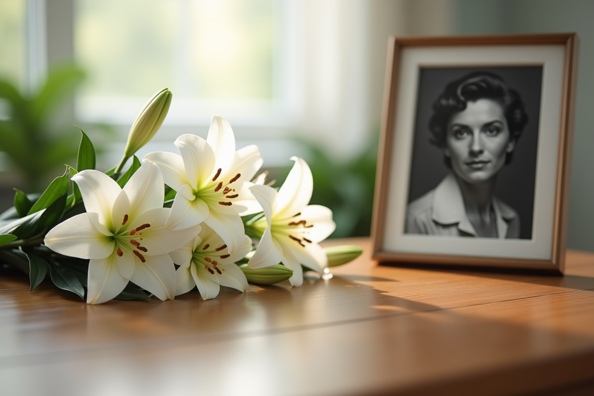 Bouquet de lys blancs et photo en souvenir sur une table en bois
