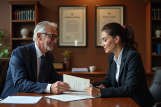 Notaire en costume navy échangeant des papiers avec une cliente