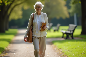 Femme senior souriante dans un parc verdoyant