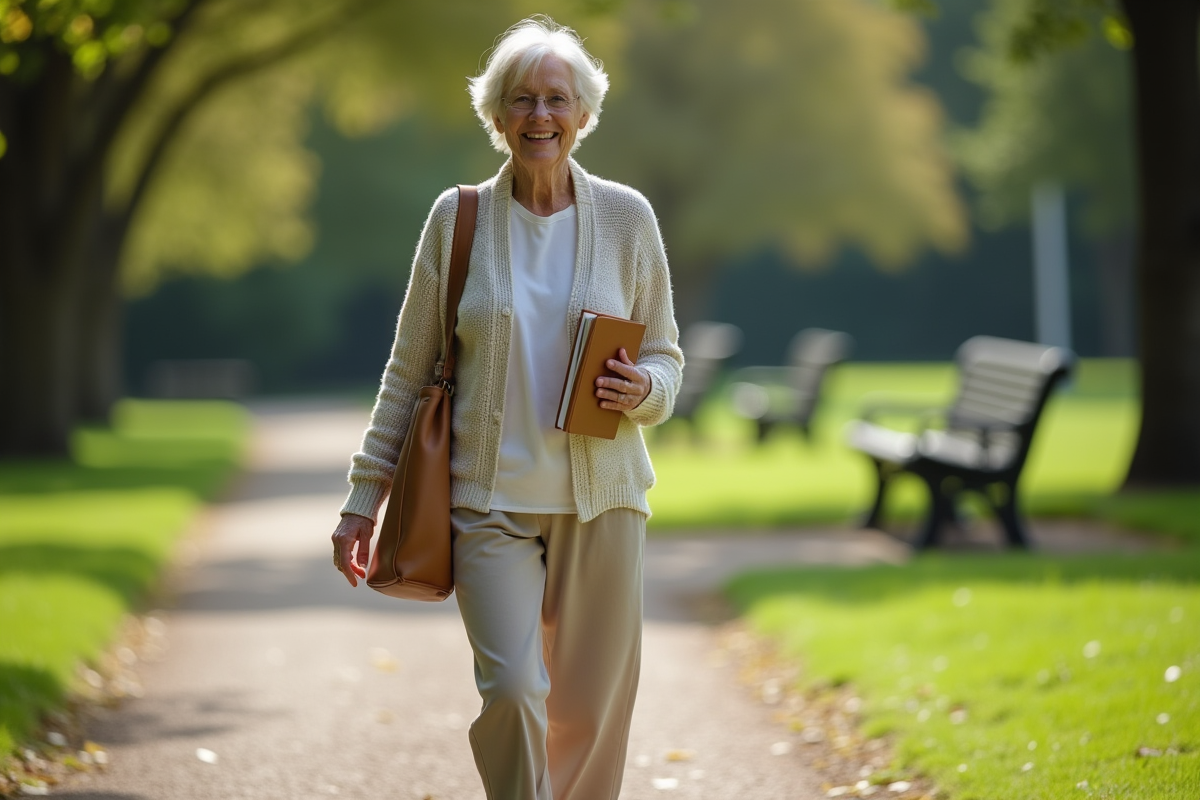 Femme senior souriante dans un parc verdoyant