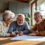 Trois générations de famille souriantes à la cuisine