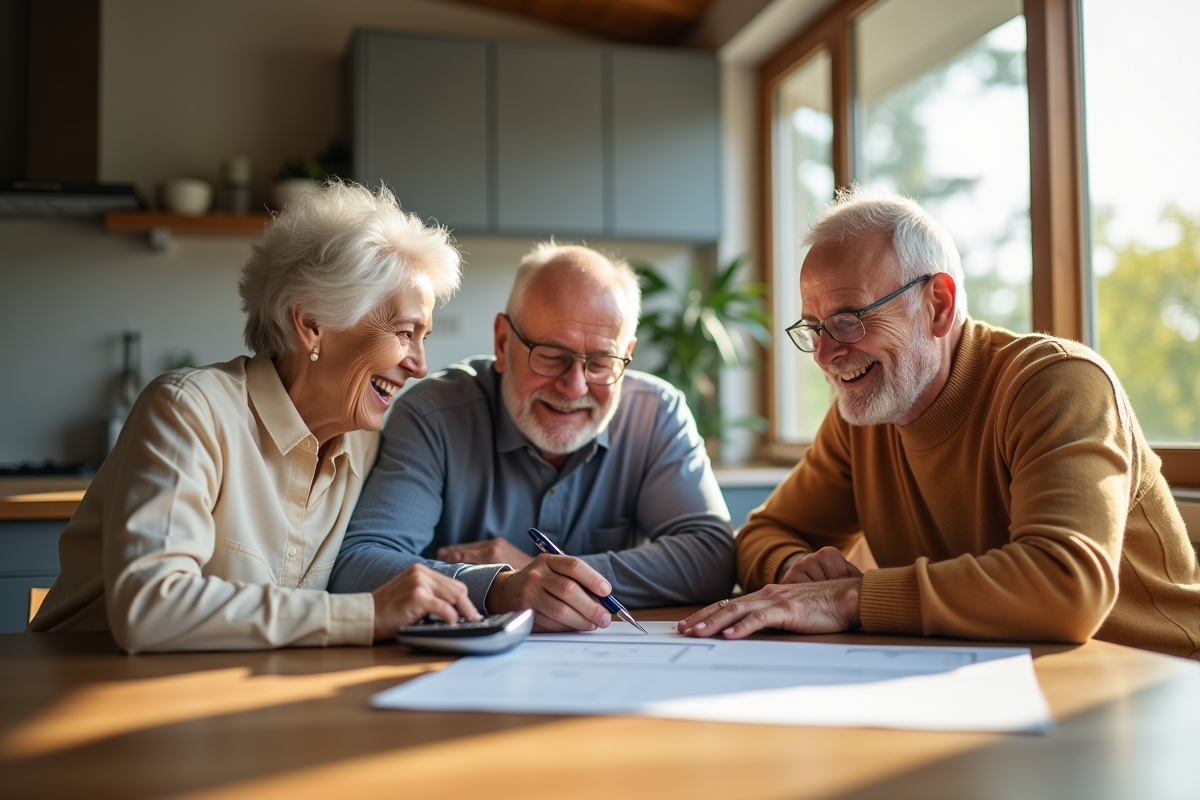 Trois générations de famille souriantes à la cuisine