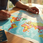 Voyageur regardant différentes monnaies et carte sur une table ensoleillée