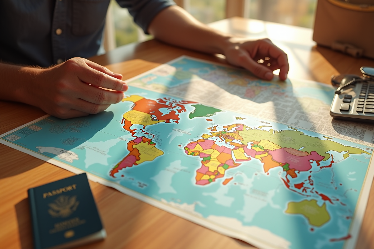 Voyageur regardant différentes monnaies et carte sur une table ensoleillée